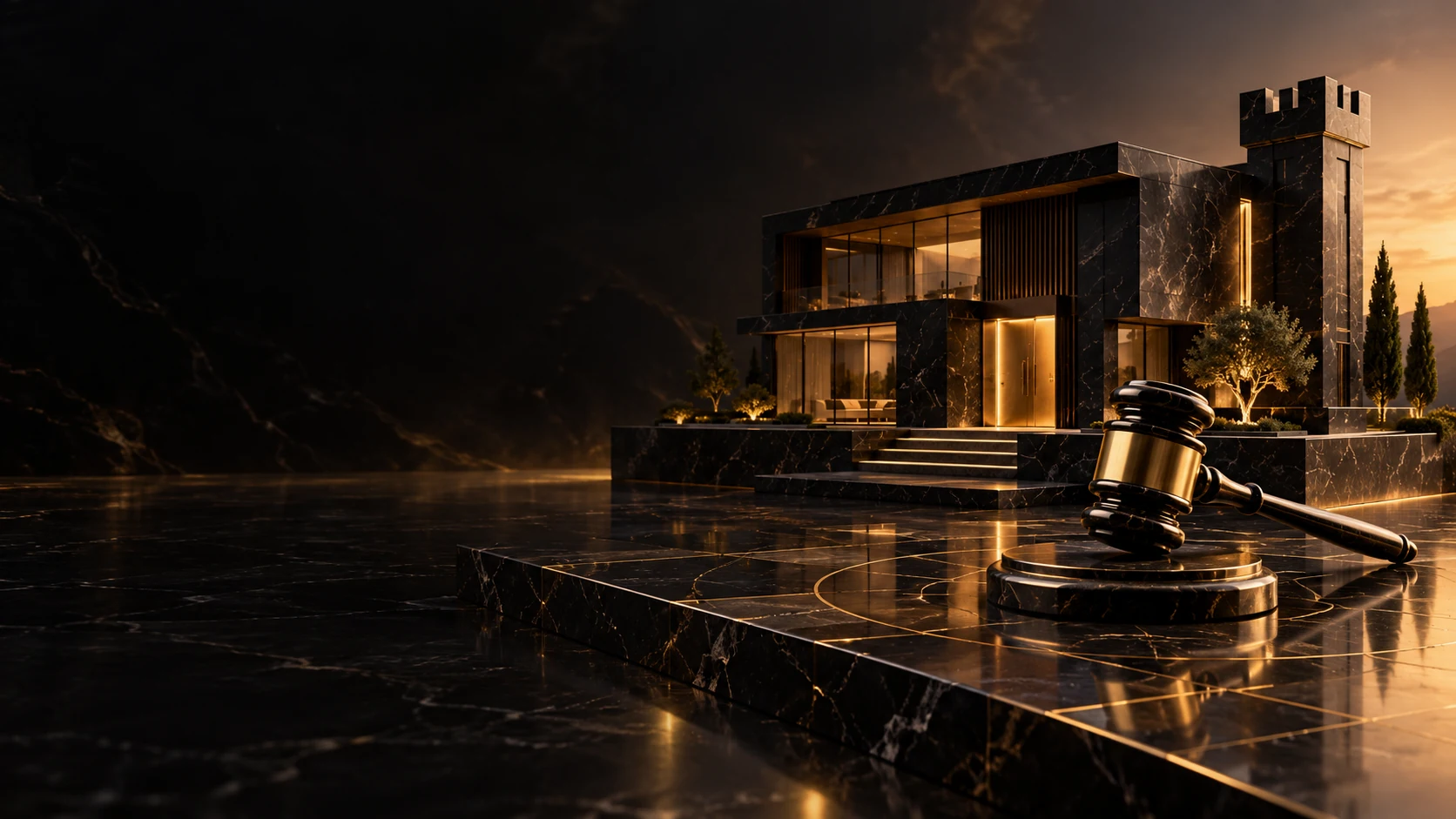 Arte conceitual de imóvel em mármore preto, martelo de leilão e torre integrada à arquitetura, com iluminação dourada